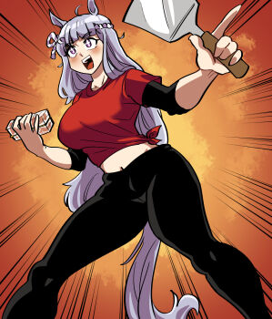 +_+ 1girl :d ahoge animal_ears black_pants breasts crop_top dinoyhs feet_out_of_frame gold_ship_(umamusume) grey_hair groin highres holding horse_ears horse_girl horse_tail large_breasts layered_sleeves long_hair long_sleeves midriff navel open_mouth pants purple_eyes red_shirt shirt short_over_long_sleeves short_sleeves smile solo standing tail tied_shirt umamusume very_long_hair