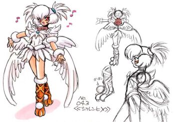 1girl arrow_(symbol) ballerina bird_girl boots bracelet brooch character_name collarbone commentary covered_navel cowboy_shot eighth_note facial_mark feather_skirt feathered_wings from_behind from_side full_body fur-trimmed_boots fur_bracelet fur_trim jewelry knee_boots kokomahi leotard looking_at_viewer low_wings mark_under_eye multiple_views multiple_wings musical_note official_art open_hands open_mouth pom_pom_(clothes) puffy_short_sleeves puffy_sleeves red_eyes reference_sheet samurai_evolution_oukoku_geist shitsuren_hime short_sleeves showgirl_skirt simple_background skirt smile standing swan_girl talons thighs two_side_up white_background white_hair white_leotard white_skirt white_wings wings yellow_boots