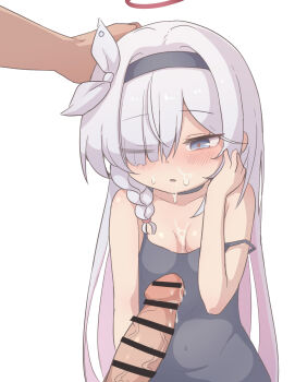 1boy 1girl after_fellatio age_difference arm_at_side bar_censor bare_shoulders black_dress black_hairband blue_archive blue_eyes blush breasts censored collarbone cum cum_in_mouth cum_on_body cum_on_breasts cum_on_upper_body cumdrip dot_nose dress embarrassed expressionless eyebrows_hidden_by_hair facial gradient_hair grey_hair hair_over_one_eye hairband halo hand_on_another's_head hand_on_own_face hetero highres jallass loli looking_at_penis looking_down multicolored_hair open_mouth penis pink_hair plana_(blue_archive) red_halo simple_background sleeveless sleeveless_dress small_breasts solo_focus standing strap_slip two-tone_hair upper_body white_background