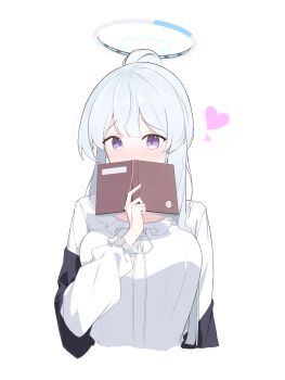 Rule 34 | 1girl, absurdres, blue archive, blush, book, breasts, commentary request, doodle sensei (blue archive), halo, heart, highres, large breasts, long hair, mechanical halo, nightgown, noa (blue archive), purple eyes, ryua (user kedz2257), sensei (blue archive), solo, upper body, white hair