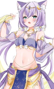 1girl animal_ear_fluff animal_ears bare_shoulders blush breasts cat_ears choumiryou dancer detached_sleeves green_eyes hair_ornament highres long_hair looking_at_viewer low_twintails maimai_(game) navel open_mouth purple_hair salt_(maimai) see-through_clothes small_breasts solo twintails