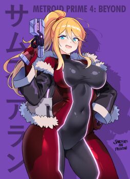 1girl absurdres adapted_costume artist_name black_bodysuit blonde_hair blue_eyes bodysuit breasts commentary copyright_name covered_navel cowboy_shot duplicate english_commentary fur-trimmed_jacket fur_trim gun hair_elastic hand_on_own_hip high_ponytail highres holding holding_gun holding_weapon jacket jarckius large_breasts long_hair metroid metroid_prime_4:_beyond mole mole_under_mouth multicolored_bodysuit nintendo open_mouth plasma_pistol ponytail power_suit_(metroid) purple_background red_bodysuit samus_aran simple_background solo two-tone_bodysuit vi-o-la_suit weapon zero_suit