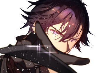 Rule 34 | 1boy, absurdres, black gloves, black hair, close-up, commentary, double-parted bangs, eiyuu densetsu, english commentary, gloves, grey background, hair between eyes, highres, izkasuzu, male focus, purple eyes, rean schwarzer, sen no kiseki, sen no kiseki (series), sen no kiseki iii, simple background