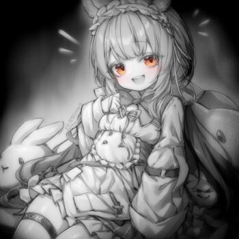 1girl :d animal_ears arknights black_background commentary_request dress frilled_hairband frills greyscale hairband highres kupa_(jesterwii) long_hair long_sleeves looking_at_viewer monochrome object_in_pocket open_mouth orange_eyes pen_in_pocket pocket smile solo thigh_strap warmy_(arknights)
