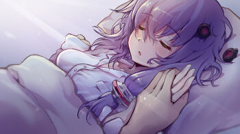 blanket closed_eyes dappled_sunlight hair_between_eyes head_on_pillow highres holding_hands lying on_back on_bed open_mouth pillow pov_across_bed purple_hair shirt sleeping sunlight under_covers vocaloid voiceroid white_shirt yasuhara_roku yuzuki_yukari