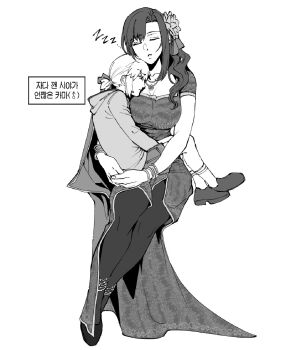 Rule 34 | 1boy, 1girl, alternate costume, alternate hairstyle, annoyed, bracelet, breasts, cleavage, commentary request, fate/grand order, fate (series), flower, genderswap, genderswap (ftm), gyogyo hjj, hair flower, hair ornament, hair over shoulder, hair ribbon, highres, hood, hoodie, invisible chair, jewelry, kama (fate), kama (young) (fate), korean commentary, korean text, large breasts, necklace, pantyhose, parvati (fate), parvati (final ascension) (fate), ponytail, ribbon, short ponytail, short shorts, shorts, sitting, sitting on lap, sitting on person, sleeping, socks, translation request, wavy hair, zzz