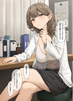 1girl black_skirt breasts brown_hair cleavage crossed_legs highres indoors lab_coat large_breasts long_hair mature_female original papino sitting skirt solo speech_bubble thighs translation_request