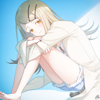 1girl bare_legs barefoot blonde_hair blush colored_eyelashes commentary denim denim_shorts flipped_hair gakuen_idolmaster highres hugging_own_legs idolmaster knees_up legs_together long_hair looking_at_viewer looking_to_the_side mikapoe orange_eyes robe rope_belt shinosawa_hiro short_shorts shorts sitting smile solo toenails toes white_robe