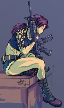 Rule 34 | 1girl, ar-15, assault rifle, bare shoulders, belt, black lagoon, boots, breasts, fingerless gloves, gloves, gun, highres, large breasts, long hair, m4 carbine, micro shorts, mimiyama kiichi, ponytail, purple hair, revy (black lagoon), rifle, shorts, signature, sitting, sleeveless, solo, tank top, tattoo, weapon
