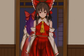 2girls ascot bow breasts brown_hair closed_mouth commentary detached_sleeves different_reflection dual_persona frilled_bow frilled_hair_tubes frills hair_bow hair_tubes hakama hakurei_reimu hakurei_reimu_(pc-98) highres japanese_clothes long_hair mirror multiple_girls pleated_skirt purple_hair red_bow red_eyes red_hakama red_skirt reflection ribbon-trimmed_sleeves ribbon_trim skirt skirt_set touhou touhou_(pc-98) yellow_ascot zhaoxi_ran_gu