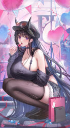 Rule 34 | 1girl, arm warmers, azur lane, bag, balloon, black arm warmers, black choker, black footwear, black hair, black hat, black shirt, black thighhighs, breasts, candy, choker, cleavage, commentary request, eyewear on headwear, food, grey shorts, hat, heart balloon, highres, holding, holding candy, holding food, holding lollipop, horns, horns through headwear, huge breasts, lollipop, long hair, looking at viewer, noshiro (azur lane), noshiro (dressed-up date) (azur lane), official alternate costume, official alternate hairstyle, open mouth, purple eyes, round eyewear, saliva, saliva trail, shirt, shopping bag, shorts, single-shoulder shirt, single bare shoulder, solo, squatting, striped arm warmers, striped clothes, striped shirt, tansuan (ensj3875), thick thighs, thighhighs, thighs, tongue, tongue out, torn clothes, torn thighhighs, vertical-striped clothes, vertical-striped shirt, wrapped candy