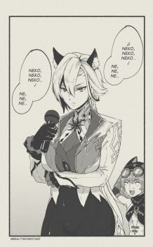 2girls animal_ear_fluff animal_ears arlecchino_(genshin_impact) arm_under_breasts behind_another border breasts cat cat_ears coat colored_extremities extra_ears genshin_impact goggles goggles_on_head greyscale hair_between_eyes hat highres jahoda_(genshin_impact) jewelry kemonomimi_mode large_breasts leotard long_hair looking_ahead looking_at_another low_ponytail mechanical_arms microphone monochrome multicolored_hair multiple_girls multiple_rings musical_note pants parody ponytail prosthesis prosthetic_arm ring scene_reference symbol-shaped_pupils two-tone_hair tyrone umamusume x-shaped_pupils