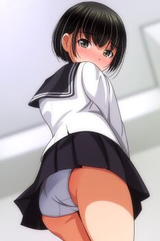 1girl absurdres ass black_hair black_sailor_collar black_skirt blurry blurry_background blush brown_eyes from_behind highres indoors long_sleeves looking_at_viewer matsunaga_kouyou original panties pleated_skirt sailor_collar school_uniform shirt short_hair sidelocks skirt solo standing underwear upskirt white_panties