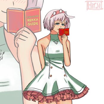 Rule 34 | 1girl, absurdres, blue eyes, breasts, dress, elphelt valentine, grin, highres, hirji, looking at viewer, reading, short hair, smile, solo, white dress, white hair