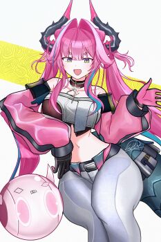 1girl absurdres arknights arknights:_endfield belt black_gloves blue_eyes blue_hair breasts collarbone commentary_request dragon_girl dragon_horns dragon_tail gloves hair_intakes hair_ornament hairclip highres horns laffei0a large_breasts long_hair looking_at_viewer midriff multicolored_hair open_mouth pants pink_hair sitting solo tail twintails white_pants yvonne_(arknights)