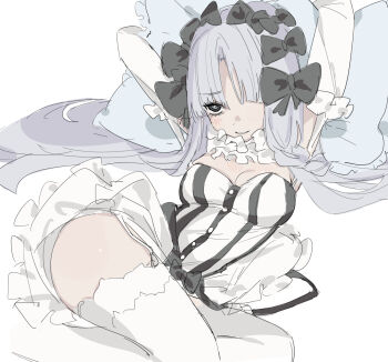 1girl arms_up bare_shoulders black_bow black_eyes bow braid breasts collar detached_sleeves dress fate/strange_fake fate_(series) francesca_prelati_(fate) frilled_collar frills garter_straps grey_hair grin hair_bow highres kaigan0211 long_hair looking_to_the_side lying medium_breasts parted_bangs ringed_eyes sidelocks smile solo striped_clothes striped_dress thighhighs thighs very_long_hair white_dress white_thighhighs