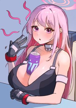 1girl :o absurdres bare_shoulders bendy_straw between_breasts black_gloves black_sports_bra blue_archive blush breasts bubble_tea_challenge can chair cleavage collarbone commentary_request crazydoufu drink_can drinking_straw eimi_(battlesuit)_(blue_archive) eimi_(blue_archive) fanning_self gloves hair_between_eyes halo hand_up highres huge_breasts long_hair looking_at_viewer object_on_breast official_alternate_costume open_mouth pink_hair pink_halo purple_eyes shadow sidelocks simple_background sitting soda_can solo sports_bra upper_body