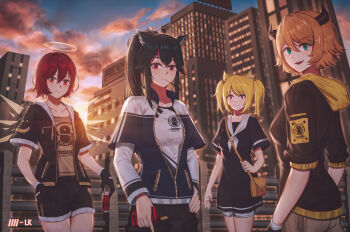 4girls absurdres animal_ear_fluff animal_ears arknights bag black_dress black_gloves black_horns black_jacket black_shorts blonde_hair brown_hair building can chinese_commentary city closed_mouth clothes_writing commentary_request cowboy_shot croissant_(arknights) day dress drink drink_can exusiai_(arknights) fang food food_in_mouth gloves green_eyes group_picture hair_between_eyes hand_on_own_hip handbag highres holding holding_can holding_drink holding_strap hood hood_down hooded_jacket horns jacket layered_sleeves long_sleeves looking_at_viewer mouth_hold multiple_girls open_clothes open_jacket open_mouth outdoors partially_unzipped penguin_logistics_(arknights) penguin_logistics_logo pocky pocky_in_mouth ponytail red_eyes red_hair sflr shirt short_hair short_over_long_sleeves short_sleeves shorts skyscraper smile sora_(arknights) standing sunlight t-shirt texas_(arknights) twintails white_shirt wolf_ears wolf_girl yellow_hood yellow_shirt