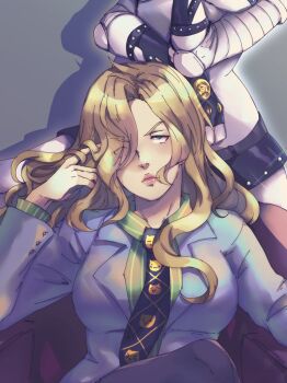 armchair black_skirt blonde_hair breasts chair closed_mouth crossed_legs diamond_wa_kudakenai expressionless floral_background formal_clothes genderswap genderswap_(mtf) green_shirt greenpantsu grey_background hair_over_breasts hair_over_one_eye half-closed_eye hand_in_own_hair jojo_no_kimyou_na_bouken killer_queen kira_yoshikage large_breasts leg_up lips long_hair long_sleeves looking_at_viewer miniskirt necktie pinstripe_pattern pinstripe_shirt purple_suit rose_background shiny_skin shirt sitting sitting_on_object skirt slit_pupils spikes stand_(jojo) standing striped_clothes striped_shirt suit thighhighs