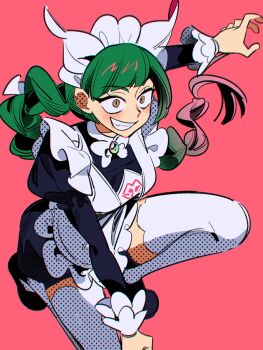 1brad 1girl apron black_romper blush bow braid fang green_hair grin highres lebanne_(pokemon) long_hair long_sleeves looking_at_viewer maid maid_apron maid_headdress mega_stone nintendo open_mouth pink_background pokemon pokemon_legends:_z-a puffy_sleeves romper simple_background smile solo teeth thighhighs white_thighhighs yellow_eyes