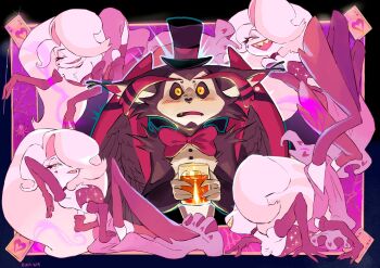 2boys angel_dust black_gloves blo0dsoda breasts commentary crossdressing drag_queen dress elbow_gloves english_commentary gloves hazbin_hotel hellaverse highres husk_(hazbin_hotel) large_breasts long_hair looking_at_viewer multiple_boys pink_hair red_dress side_slit smile thighs