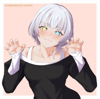 Rule 34 | 1girl, :3, absurdres, bang dream!, bang dream! it's mygo!!!!!, black shirt, blue eyes, blush, border, breasts, claws, collarbone, commentary, commission, heterochromia, highres, kaname raana, layered sleeves, long sleeves, looking at viewer, medium breasts, medium hair, miyamu, outside border, shirt, short over long sleeves, short sleeves, solo, star-shaped pupils, star (symbol), symbol-shaped pupils, white border, white hair, white shirt, yellow eyes