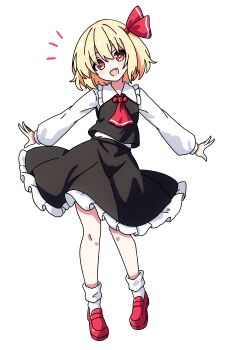 1girl a-pose absurdres black_skirt black_vest blonde_hair commentary_request fang frilled_skirt frills full_body highres long_sleeves looking_at_viewer open_mouth pioartstuff puffy_long_sleeves puffy_sleeves red_eyes red_shoes rumia shoes short_hair simple_background skin_fang skirt smile socks solo touhou vest white_background white_socks