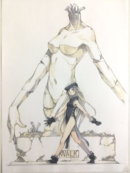 1girl bare_legs beret black_boots black_dress black_eyes black_gloves black_hat blonde_hair boots breasts broken_statue china_dress chinese_clothes commentary crack dress from_side gloves hat highres long_hair looking_to_the_side medium_breasts original pelvic_curtain peter_salt ruins side_slit sleeveless sleeveless_dress solo standing statue traditional_media turtleneck turtleneck_dress very_long_hair walking