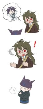 ! 2boys bag beanie belt black_belt black_hat black_jacket black_pants blazer blue_pants brown_hair brown_jacket cigarette closed_eyes closed_mouth collared_jacket collared_shirt commentary_request cropped_legs cropped_torso crossed_arms danganronpa_(series) danganronpa_v3:_killing_harmony dark-skinned_male dark_skin expressionless fake_horns glasses gokuhara_gonta green_hair green_necktie hair_between_eyes hands_up happy hat height_difference highres horned_headwear horns hoshi_ryoma jacket lapels leather leather_jacket light_blush long_hair looking_at_another messy_hair mouth_hold multiple_boys necktie newtype_flash notched_lapels notice_lines oma_kokichi open_mouth pants print_headwear r'l_(arul-erur-plant-403) red_eyes round_eyewear sequential shirt short_hair short_male shoulder_bag simple_background smile speech_bubble spoken_character standing surprised thought_bubble translation_request two-tone_pants very_long_hair white_background white_shirt