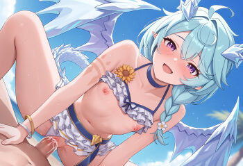 1boy 1girl arm_markings arm_support bikini bikini_top_lift black_choker blue_hair blue_sky blue_tail blue_wings braid breasts censored choker clothes_lift clothing_aside collarbone commentary_request cowgirl_position crystal_horns crystal_wings cum cum_in_pussy cum_overflow day dragon_girl dragon_horns dragon_tail dragon_wings flower flower_bikini frilled_bikini frills girl_on_top hair_between_eyes hair_intakes hetero highres horns loli mosaic_censoring myuu_(arisumeria) navel nipples official_alternate_costume official_alternate_hairstyle outdoors pointy_ears pov princess_connect! purple_eyes sex sheffy_(princess_connect!) sheffy_(summer)_(princess_connect!) single_braid sky small_breasts spread_legs stomach straddling sunflower swimsuit swimsuit_aside swimsuit_skirt tail thighs white_bikini wings