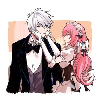 1boy 1girl black_bow black_bowtie black_dress black_vest blue_eyes border bow bowtie breasts chinese_commentary commentary_request dress elysia_(honkai_impact) elysia_(miss_pink)_(honkai_impact) elysia_(miss_pink_elf)_(honkai_impact) fake_horns formal_clothes gloves hand_on_another&#039;s_cheek hand_on_another&#039;s_face highres honkai_(series) honkai_impact_3rd horns kevin_kaslana long_hair maid maid_headdress medium_breasts official_alternate_costume orange_background pink_eyes pink_hair shirt star_(zhongyan88528) suit very_long_hair vest white_border white_gloves white_hair white_shirt