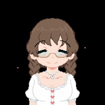 1girl animated animated_gif bead_necklace beads braid breasts brown-framed_eyewear cleavage closed_eyes commentary english_commentary glasses heart heart_necklace jewelry looping_animation low_twin_braids medium_breasts necklace original pixel_art puffy_short_sleeves puffy_sleeves shirt short_sleeves solo t-shirt twin_braids upper_body white_shirt zoolpal