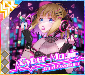 Rule 34 | 1girl, album cover, arm garter, armpit crease, bare shoulders, black arm garter, black dress, black gloves, blonde hair, blue eyes, blue nails, breasts, character name, colored inner hair, cover, dress, english text, fingerless gloves, fishnets, game cg, gloves, hair ornament, hairclip, hands up, headset, idol wars, kozakura inori, lollipop in mouth, looking at viewer, multicolored hair, official art, purple hair, purple nails, short hair, sleeveless, sleeveless dress, small breasts, solo, teeth, third-party source, triangle, upper body, upper teeth only