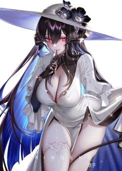 1girl absurdres artist_name black_gloves black_hair black_horns black_tail blue_hair breasts cleavage colored_inner_hair commentary covered_navel cowboy_shot curvy dress elbow_gloves english_commentary finger_to_mouth flower gloves hair_between_eyes hand_up hat hat_flower heart heart-shaped_pupils highres honkai:_star_rail honkai_(series) horns index_finger_raised large_breasts leaning_forward light_blush long_hair looking_at_viewer mole mole_under_eye multicolored_hair parted_lips red_eyes ringeko-chan shushing simple_background smile solo symbol-shaped_pupils tail the_dahlia_(honkai:_star_rail) thick_thighs thighs very_long_hair white_background white_dress white_hat