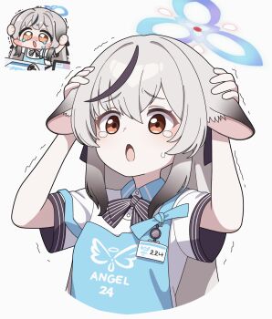 Rule 34 | 1girl, absurdres, alternate costume, angel's 24 uniform (blue archive), animal ear fluff, animal ears, apron, black bow, black bowtie, black hair, blue apron, blue archive, blue halo, bow, bowtie, collared shirt, cropped torso, english text, gradient hair, grey hair, halo, hands on own head, highres, kokona (blue archive), korean text, long hair, multicolored hair, name tag, open mouth, orange eyes, raised eyebrows, reference inset, shirt, short sleeves, simple background, solo, strap slip, streaked hair, striped bow, striped bowtie, striped clothes, tearing up, tears, trembling, vector (dmlddmld00), white background, white shirt