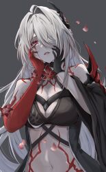 Rule 34 | 1girl, absurdres, acheron (honkai: star rail), armor, bare shoulders, black choker, black coat, black gloves, blood, bloody tears, body markings, breasts, choker, cleavage, coat, falling petals, flower, gloves, hair ornament, hair over one eye, hands on own face, highres, honkai: star rail, honkai (series), large breasts, long sleeves, looking at viewer, markings, midriff, navel, official alternate color, open mouth, petals, red eyes, red flower, satsumaagee, shaded face, shoulder armor, single glove, single sleeve, solo, upper body, white hair