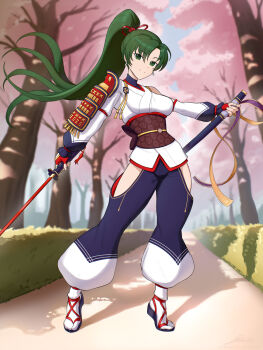 1girl armor asymmetrical_sleeves black_shirt breasts cherry_blossoms commission cosplay detached_sleeves earrings fate/grand_order fate_(series) fingerless_gloves fire_emblem fire_emblem:_the_blazing_blade gloves green_eyes green_hair hair_ribbon high_ponytail highres holding holding_sheath holding_sword holding_weapon japanese_armor japanese_clothes jewelry katana kimono light_smile long_sleeves looking_at_viewer lyn_(fire_emblem) medium_breasts mitsudomoe_(shape) nintendo obi obiage obijime pants ponytail puffy_long_sleeves puffy_sleeves purple_pants red_gloves red_ribbon revenantart ribbon sandals sash shadow sheath shirt side_slit single_detached_sleeve single_sode standing sword tomoe_(symbol) tomoe_gozen_(fate) tomoe_gozen_(fate)_(cosplay) tomoe_gozen_(first_ascension)_(fate) tree turtleneck unsheathed weapon white_kimono white_sleeves