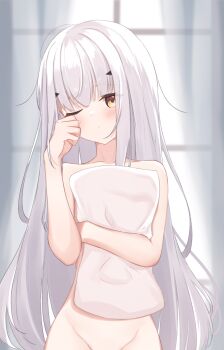 1girl blush brown_eyes closed_mouth collarbone commentary_request covering_privates curtains day fate/grand_order fate_(series) groin highres hugging_object indoors melusine_(fate) nude_cover one_eye_closed out-of-frame_censoring pillow pillow_hug riya_(01214) solo sunlight transparent white_hair window