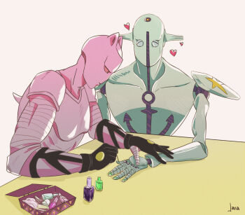 Rule 34 | 2others, anchor symbol, animal ears, artist name, black gloves, cat ears, colored skin, commentary, cosmetics, gloves, heart, highres, humanoid robot, janagreniuk, jojo no kimyou na bouken, jojolion, killer queen, multiple others, needle, no humans, other focus, pink skin, robot, sewing needle, simple background, soft &amp; wet, stand (jojo), table