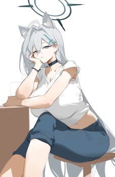 1girl absurdres ahoge alternate_costume animal_ear_fluff animal_ears aqua_eyes archive arm_support armlet black_choker black_halo blue_archive blue_pants breasts choker cleavage collarbone crossed_bangs crossed_legs dokshuri extra_ears gradient_halo green_halo grey_hair hair_between_eyes hair_ornament hair_over_one_eye hairclip halo highres jewelry large_breasts long_hair looking_at_viewer multicolored_halo narrowed_eyes pants shiroko_(blue_archive) shirt short_sleeves simple_background sitting solo t-shirt very_long_hair white_background white_shirt