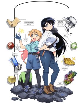 2girls absurdres arato_nagi backpack bag belt bismuth black_hair black_pantyhose blonde_hair blue_gemstone blue_pants blue_shirt blue_shoes blue_shorts breasts brown_shoes closed_mouth denim denim_shorts full_body garnet gem gloves gold green_eyes green_gemstone grey_eyes grey_gloves hammer hard_hat headlamp helmet highres jeans large_breasts long_hair long_sleeves looking_at_viewer map multiple_girls official_art open_mouth pants pantyhose quartz_(gemstone) ruri_no_houseki shirt shirt_tucked_in shoes short_sleeves shorts smile standing tanigawa_ruri unworn_backpack unworn_bag white_gloves white_shirt