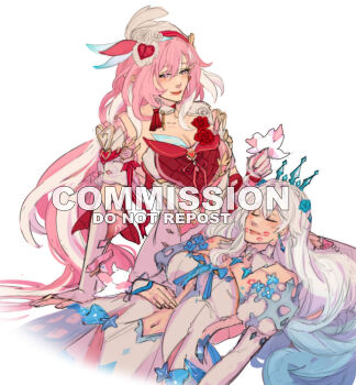 2girls absurdres aqua_hair beret breasts cellysticks cleavage clothing_cutout commentary commission dress elysia_(hi_love_elf)_(honkai_impact) elysia_(honkai_impact) english_commentary gradient_hair hand_on_another&#039;s_stomach hat highres honkai_(series) honkai_impact_3rd kiana_kaslana kiana_kaslana_(ba-dum!_fiery_wishing_star) kiana_kaslana_(wintery_wishes) large_breasts lipstick_mark lipstick_mark_on_breast lipstick_mark_on_cheek lipstick_mark_on_face lipstick_mark_on_shoulder long_hair multicolored_hair multiple_girls navel navel_cutout official_alternate_costume pink_dress pink_hair purple_eyes red_dress two-tone_dress two-tone_hair very_long_hair watermark white_dress white_hair yuri