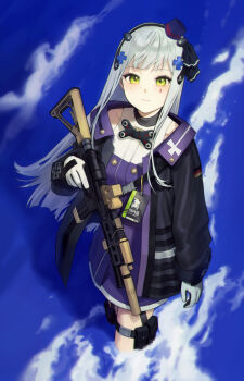 Rule 34 | 1girl, absurdres, assault rifle, black hairband, character name, cowboy shot, german flag, girls' frontline, gloves, green eyes, grey hair, gun, h&amp;k hk416, hair ornament, hairband, hat, highres, hk416 (girls' frontline), hk416 (mod3) (girls' frontline), holding, holding gun, holding weapon, id card, jacket, kir (khw66136132), long hair, looking at viewer, mini hat, rifle, solo, suppressor, teardrop facial mark, trigger discipline, wading, water, weapon, white gloves