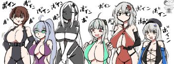 6+girls admi_(nikke) ahoge alternate_breast_size_(larger) aria_(nikke) bags_under_eyes black_skin bodysuit bouncing_breasts breasts brown_eyes brown_hair cleavage closed_eyes closed_mouth clothing_cutout collared_bodysuit colored_skin dark-skinned_female dark_skin delta_(nikke) delta_(ninja_thief)_(nikke) elbow_gloves epinel_(nikke) gloves goddess_of_victory:_nikke green_eyes green_hair grey_hair guero_nuko hair_between_eyes hair_ornament hat highres hip_vent large_breasts long_hair looking_at_viewer medium_hair messy_hair multicolored_hair multiple_girls ninja official_alternate_costume ponytail red_eyes short_hair sleeveless sleeveless_bodysuit soline_(nikke) streaked_hair two-tone_hair very_dark_skin very_long_hair white_hair yellow_eyes yulha_(nikke)