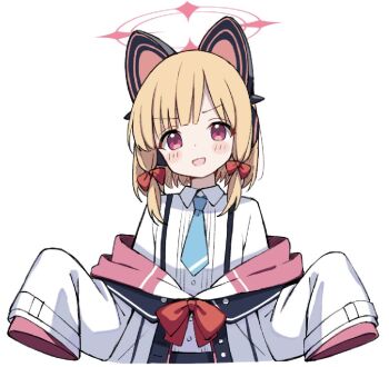 1girl :d animal_ear_headphones animal_ears black_skirt blonde_hair blue_archive blue_necktie blush bow buttons cat_ear_headphones cat_ears collared_shirt fake_animal_ears hair_bow halo hands_up head_tilt headphones jacket long_sleeves looking_at_viewer low-tied_sidelocks momoi_(blue_archive) multicolored_jacket necktie off_shoulder open_mouth parted_bangs pink_eyes pink_halo pink_jacket red_bow shirt short_hair sidelocks simple_background skirt sleeves_past_fingers sleeves_past_wrists smile solo straight-on suiran_(suiran0111) suspender_skirt suspenders unbuttoned upper_body white_background white_jacket white_shirt wide_sleeves