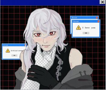 1boy :t a_date_with_death aegyo_sal black_gloves black_shirt blush casper_(a_date_with_death) english_text error_message fake_transparency gloves grey_jacket hair_over_shoulder highres holding_another's_wrist jacket jacket_partially_removed jellyfish_cut looking_at_viewer male_focus mdelinare outstretched_hand pout pov pov_hands shirt sleeveless sleeveless_shirt upper_body white_hair window_(computing)
