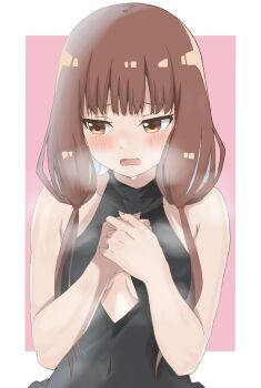 Rule 34 | 1girl, black one-piece swimsuit, blush, border, breasts, brown eyes, brown hair, cleavage cutout, clothing cutout, covered navel, hair ornament, hair scrunchie, hands on own chest, heavy breathing, highres, iino miko, kaguya-sama wa kokurasetai ~tensai-tachi no renai zunousen~, long hair, looking to the side, maho ron1, nervous, one-piece swimsuit, open mouth, own hands together, pink background, scrunchie, simple background, small breasts, solo, sweat, swimsuit, upper body, white border
