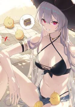 1girl absurdres arm_strap azur_lane baby_animal bare_shoulders bikini bikini_under_clothes bird black_bikini breasts chick choker cleavage criss-cross_halter cross-laced_clothes cutoffs denim denim_shorts front-tie_bikini_top front-tie_top grey_hair grin hair_between_eyes halterneck hat hatski.sin highleg highleg_bikini highres jean_bart_(azur_lane) jean_bart_(private_apres_midi)_(azur_lane) jewelry knee_up long_hair looking_at_viewer manjuu_(azur_lane) map medium_breasts micro_shorts navel necklace official_alternate_costume open_fly pink_eyes red_eyes short_shorts shorts sitting smile solo stomach string_bikini swimsuit teeth thighs treasure_map v-shaped_eyebrows very_long_hair