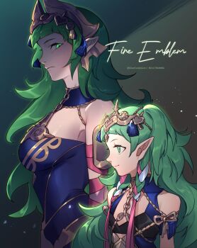 Rule 34 | 2girls, absurdres, arm wrap, braid, breasts, closed mouth, commentary request, dress, dual persona, fire emblem, fire emblem: fortune's weave, fire emblem: three houses, green eyes, green hair, hair ornament, hair ribbon, headpiece, highres, large breasts, long hair, looking back, looking down, multiple girls, nintendo, pointy ears, purple dress, ribbon, ribbon braid, silvercandy gum, smile, sothis (adult) (fire emblem), sothis (fire emblem), tassel, tassel hair ornament, tiara, twin braids, upper body