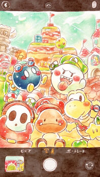 absurdres bob-omb boo_(mario) colored_pencil_(medium) commentary_request fake_phone_screenshot fake_screenshot fang goomba highres koopa_troopa luigi_hat mario_(series) mario_hat mushroom nintendo no_humans one_eye_closed painting_(medium) piranha_plant princess_peach sharp_teeth shy_guy super_mushroom super_star_(mario) teeth traditional_media tree universal_studios watercolor_(medium) wristband yukichi_0611